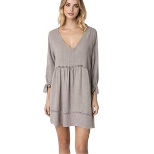Ramy Brook Taupe Cotton Dress V Neck Ruffle Sleeve Lined Small